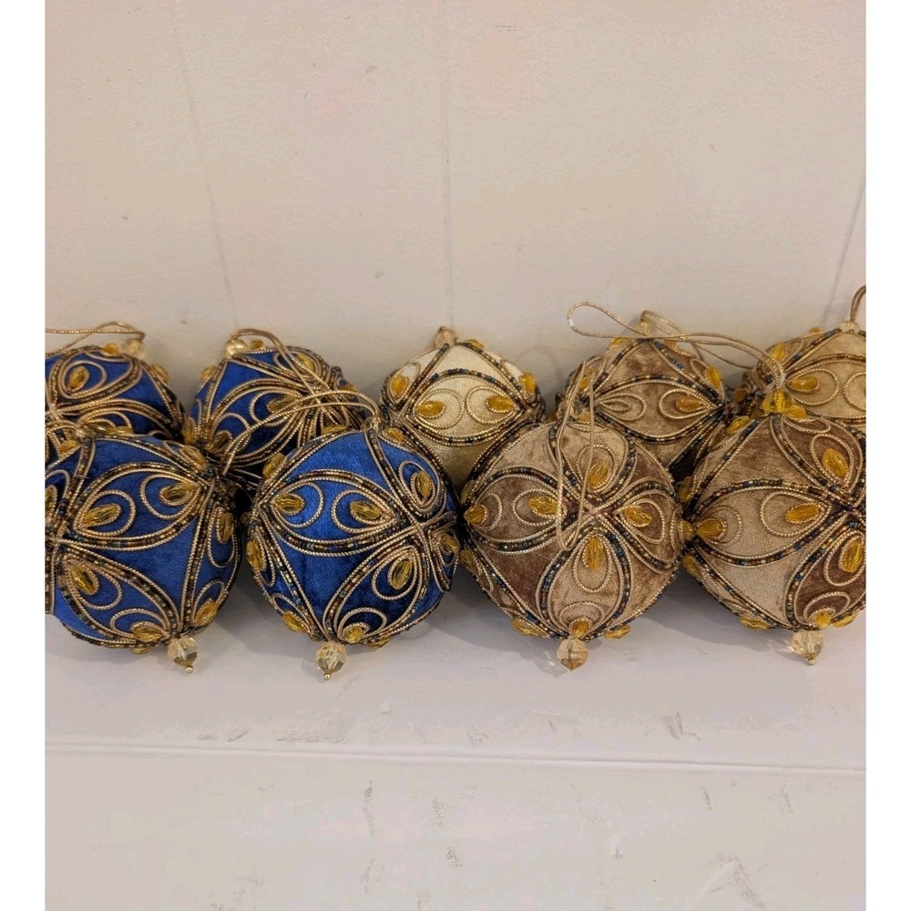 Lot 9 Blue Gold Velvet PUSH PIN Christmas Ornaments Beaded Trim MCM Vintage - Picture 3 of 16